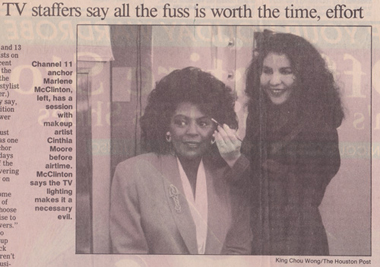 Houston Makeup Artist Cinthia Moore featured in an article in The Houston Post, about the process that television personalities go through with hair and makeup.