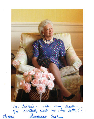 First Lady Barbara Bush, photo taken after Cinthia Moore, a houston based makeup artist finished applying the First Lady's makeup.