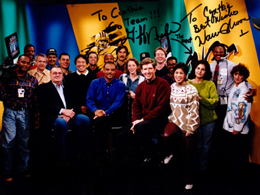 Houston makeup artist Cinthia Moore with Hosts Warren Moon and Gifford Nielsen and the staff of Quarter Back Corner